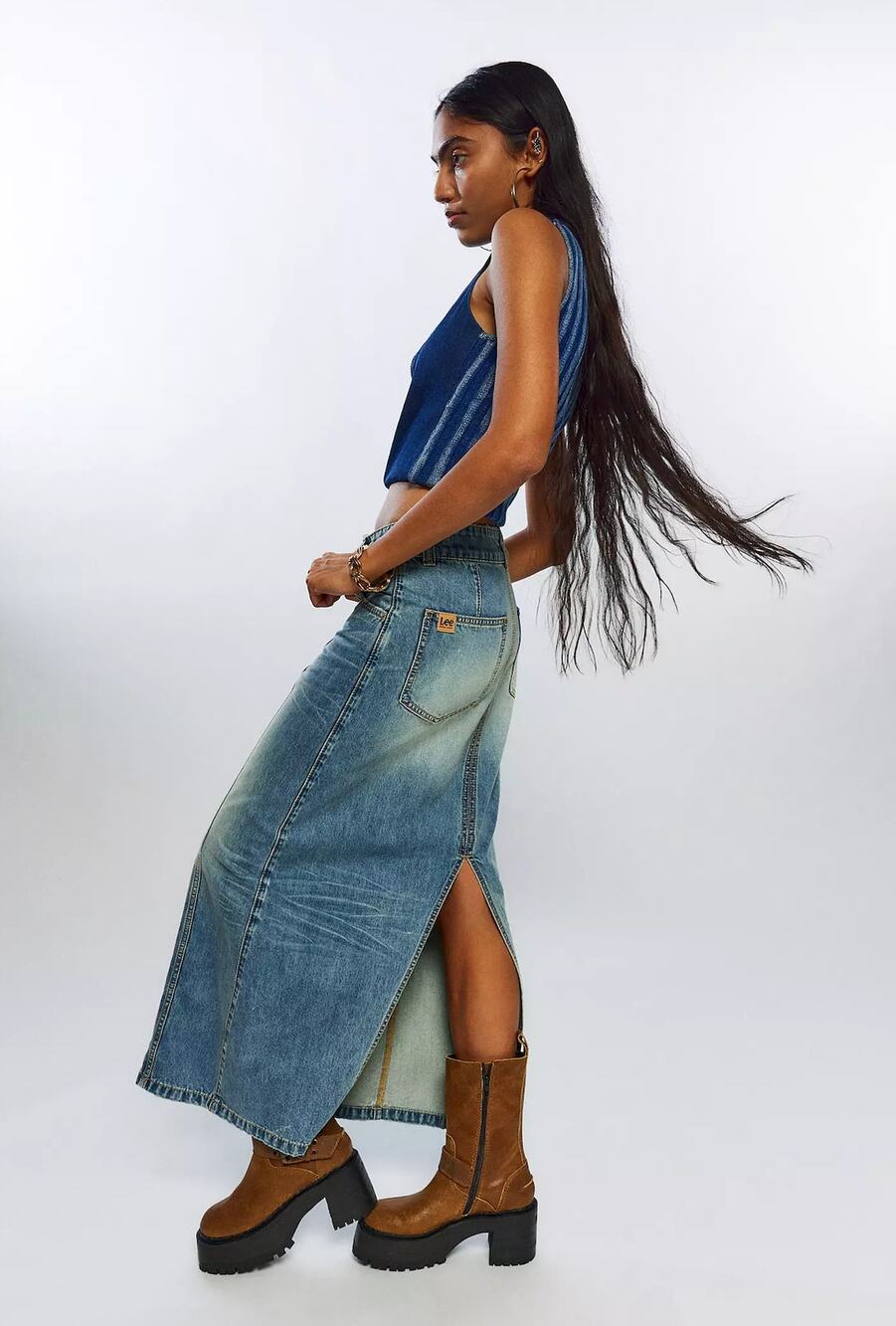 NWT Lee X Angel Chen Buddy Angel Denim Split-Back Maxi Skirt with D-Ring Medium